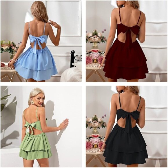 Women's Backless Bow Tie Short Dress Summer Sexy Party Vacation - Picture 8 of 8